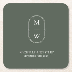Minimalist Monogram Moss Green Wedding Square Paper Coaster
