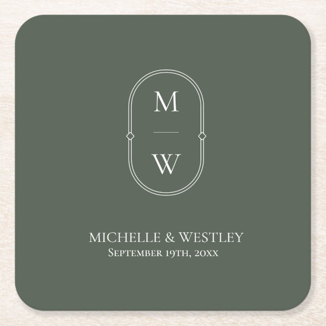 Minimalist Monogram Moss Green Wedding Square Paper Coaster (Front)