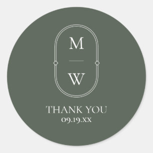 Minimalist Monogram Moss Green Wedding Thank You Classic Round Sticker