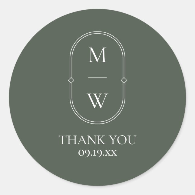 Minimalist Monogram Moss Green Wedding Thank You Classic Round Sticker (Front)