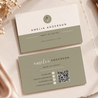 Minimalist Monogram Muted Green Qr Code Business Card