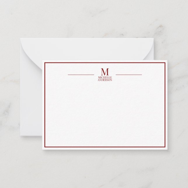 Minimalist Monogram Name Boarder Red & White Card (Front)
