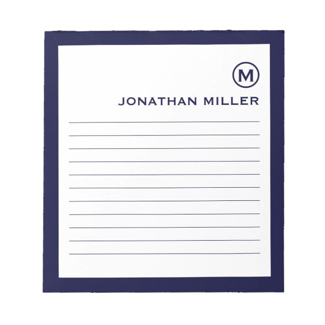 Minimalist Monogram Navy Lined Notepad (Front)