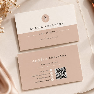 Minimalist Monogram Neutral Beige Qr Code Business Card