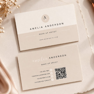 Minimalist Monogram Neutral Cream Qr Code Business Card