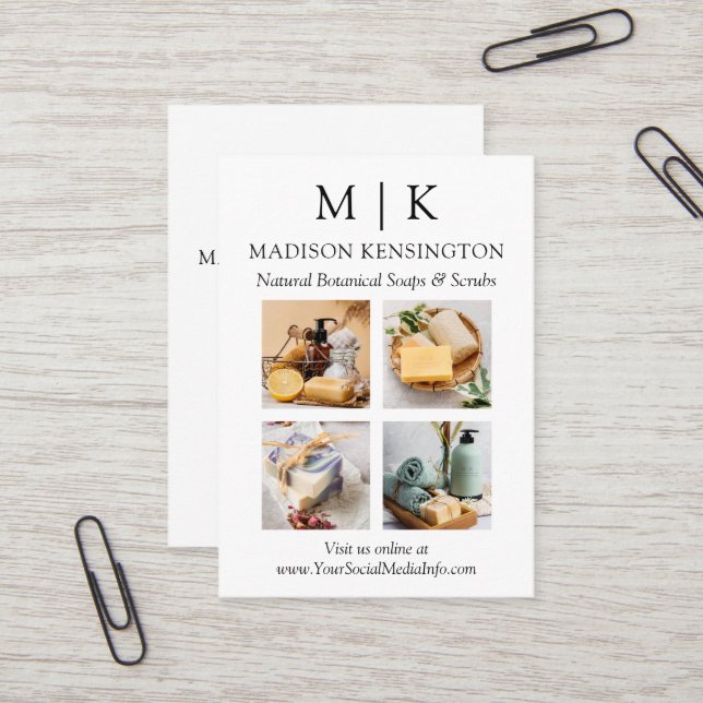Minimalist Monogram or Add Logo Business 4 Photos Business Card (Front/Back In Situ)