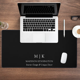 Minimalist Monogram or Add Logo Business Black Desk Mat