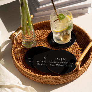 Minimalist Monogram or Add Logo Business Black Round Paper Coaster