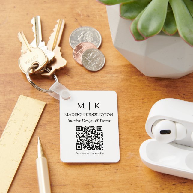 Minimalist Monogram or Add Logo Business QR Code Key Ring (Desk)
