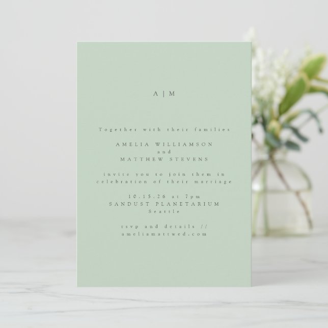 Minimalist Monogram Pastel Mint Pistachio Wedding Invitation (Standing Front)