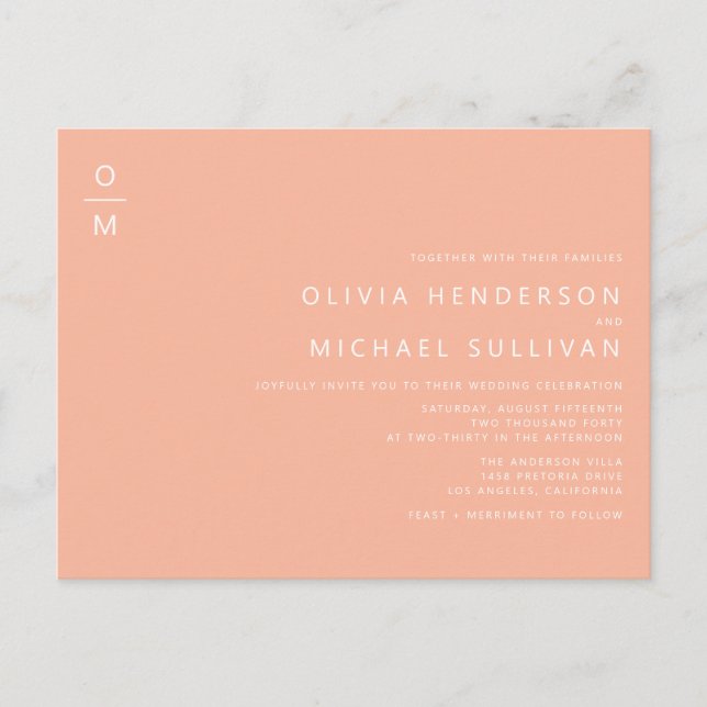 Minimalist Monogram Peach QR Code Wedding Invitation Postcard (Front)