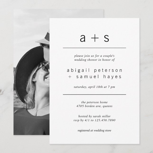 Minimalist Monogram Photo Couples Wedding Shower Invitation (Front/Back)