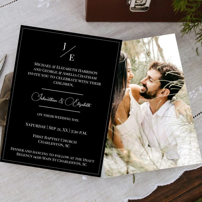 Minimalist Monogram Photo Wedding | Black Invitation (Black Minimalist Monogram Photo Wedding Invitation)