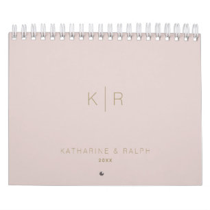 Minimalist Monogram Pink Beige Newlywed Photo Calendar