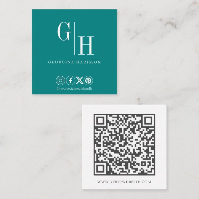 Minimalist Monogram QR Code Teal Square Business Card (Front/Back)