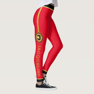 Minimalist Monogram Red Black Faux Gold and Name Leggings