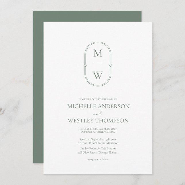 Minimalist Monogram Sage Green All in One Wedding Invitation (Front/Back)