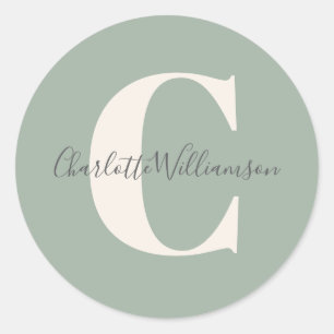 Minimalist Monogram Sage Green Elegant Script Classic Round Sticker