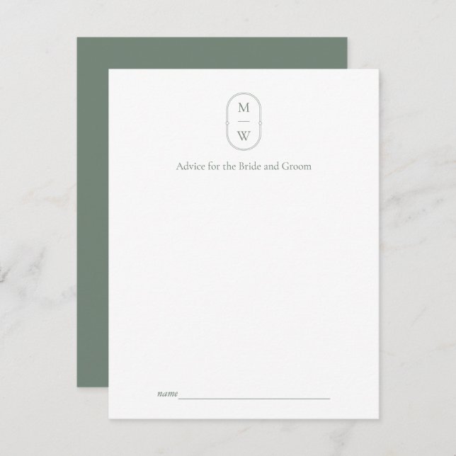 Minimalist Monogram Sage Green Wedding Advice Card (Front/Back)