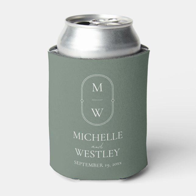 Minimalist Monogram Sage Green Wedding Can Cooler (Can Front)