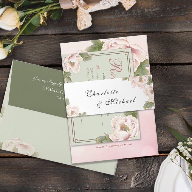 Minimalist Monogram Sage Green Wedding Invitation Invitation Belly Band (Creator Uploaded)