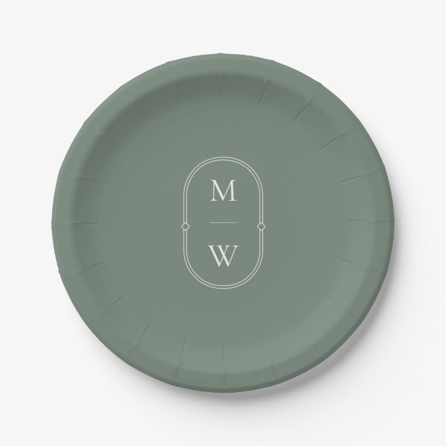 Minimalist Monogram Sage Green Wedding Paper Plate (Front)