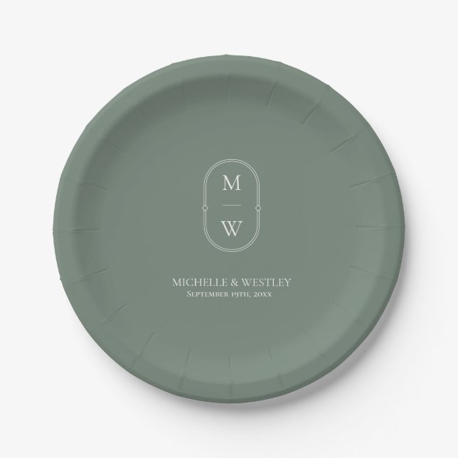 Minimalist Monogram Sage Green Wedding Paper Plate (Front)