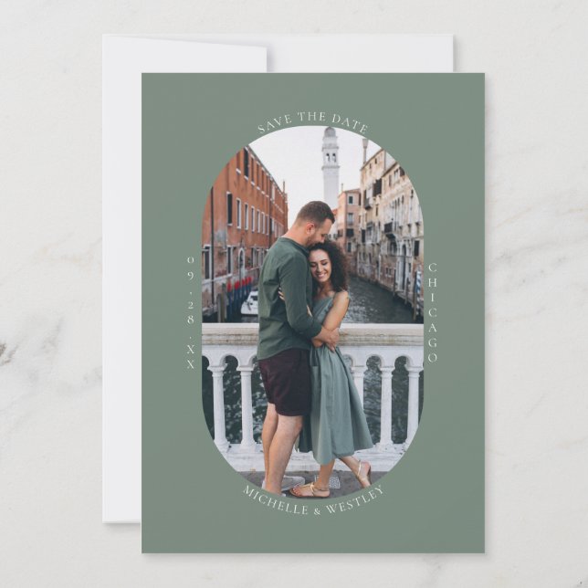 Minimalist Monogram Sage Green Wedding Photo Save The Date (Back)