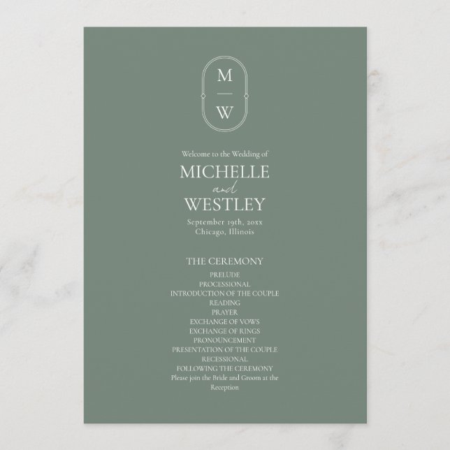 Minimalist Monogram Sage Green Wedding Programme (Front)