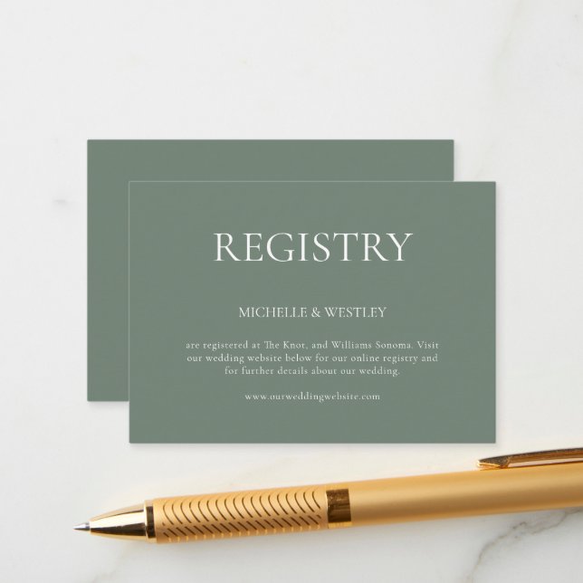 Minimalist Monogram Sage Green Wedding Registry Enclosure Card (Front/Back In Situ)