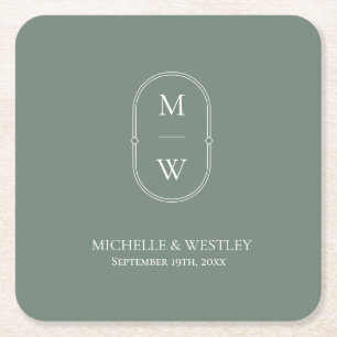 Minimalist Monogram Sage Green Wedding Square Paper Coaster
