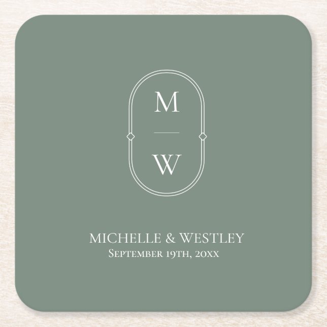 Minimalist Monogram Sage Green Wedding Square Paper Coaster (Front)