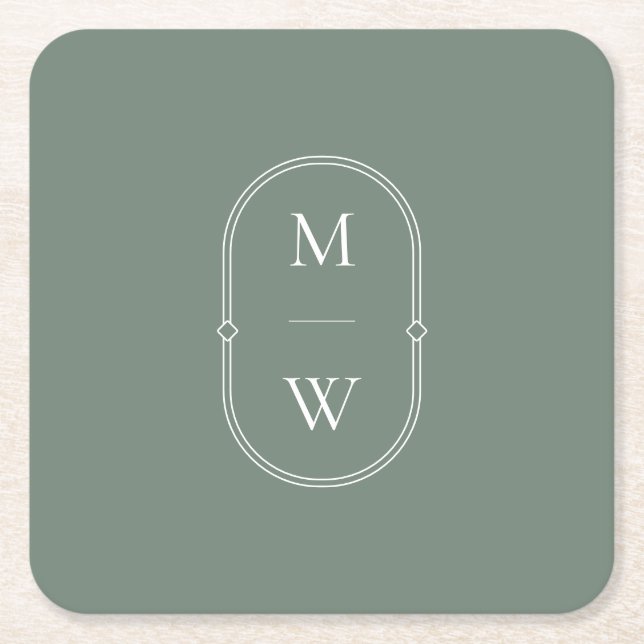 Minimalist Monogram Sage Green Wedding Square Paper Coaster (Front)