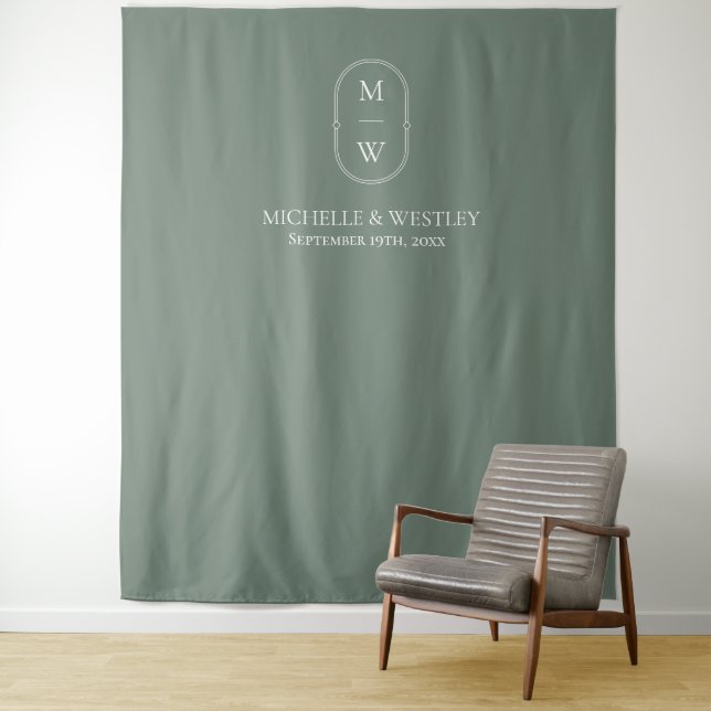 Minimalist Monogram Sage Green Wedding Tapestry (In Situ)