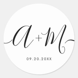 Minimalist Monogram Script Custom Wedding date Classic Round Sticker