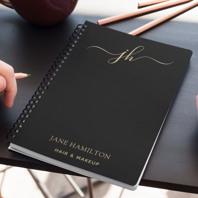 Minimalist Monogram Script Name Black Gold Notebook (Creator Uploaded)