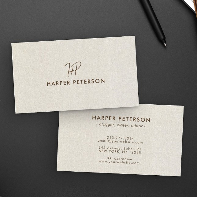 Minimalist Monogram Simple Warm Linen Modern Business Card (Creator Uploaded)