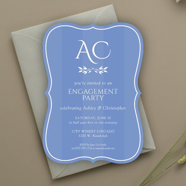 Minimalist Monogram Striped Blue Engagement Party Invitation (Creator Uploaded)