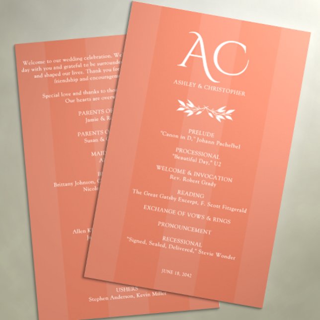 Minimalist Monogram Striped Copper Red Wedding Programme (Creator Uploaded)