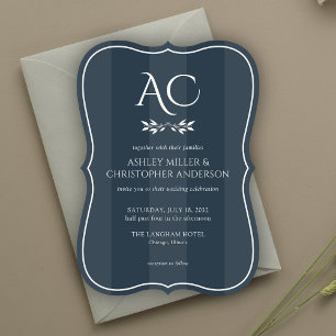 Minimalist Monogram Striped Indigo Blue Wedding Invitation