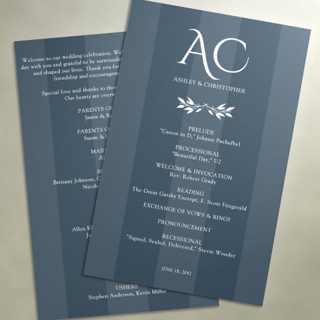 Minimalist Monogram Striped Indigo Blue Wedding Programme (Creator Uploaded)