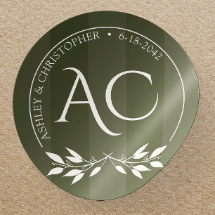 Minimalist Monogram Striped Olive Green Wedding Classic Round Sticker