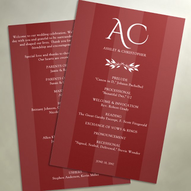 Minimalist Monogram Striped Rosewood Red Wedding Programme (Creator Uploaded)