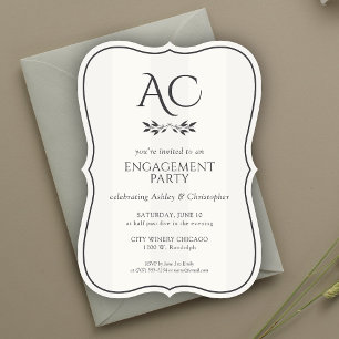Minimalist Monogram Striped White Engagement Party Invitation