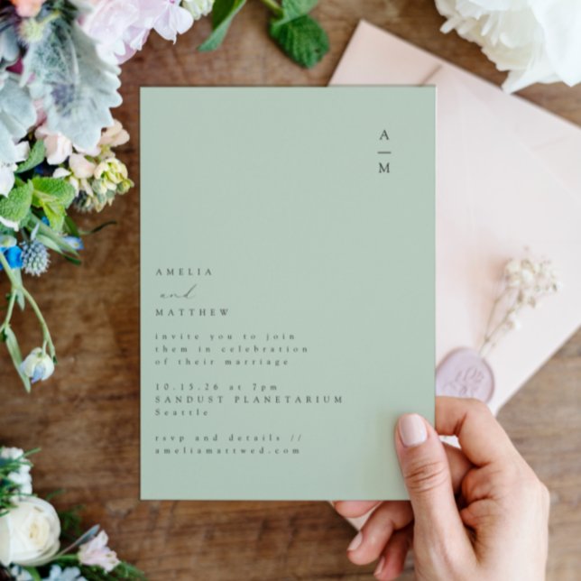 Minimalist Monogram Trendy Chic Pistachio Wedding Invitation (Creator Uploaded)