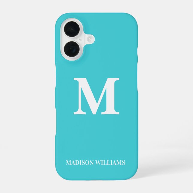 Minimalist Monogram Turquoise Blue Initial Modern iPhone 16 Case (Back)