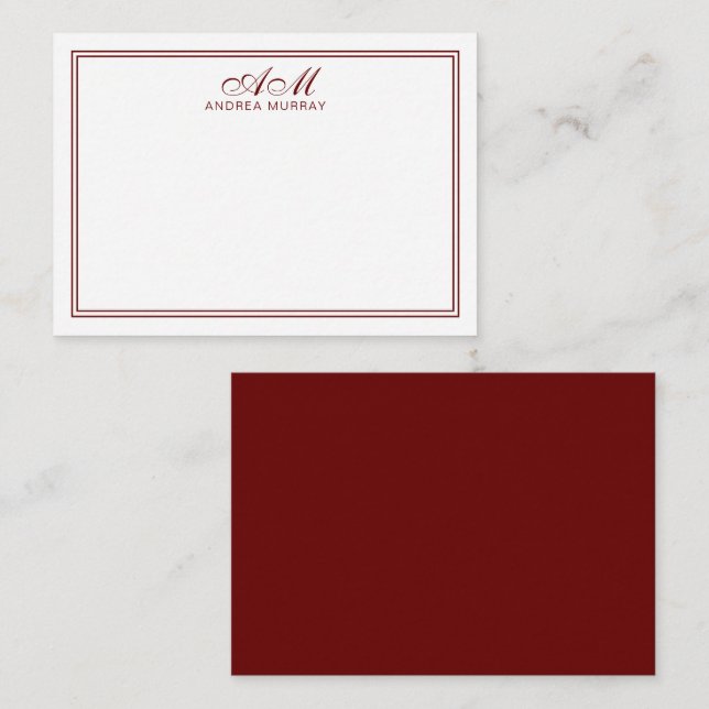 Minimalist Monogram Two Border Maroon Card (Front/Back)