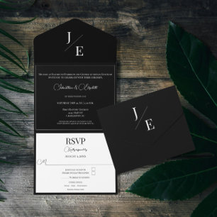 Minimalist Monogram Wedding Black All In One Invitation