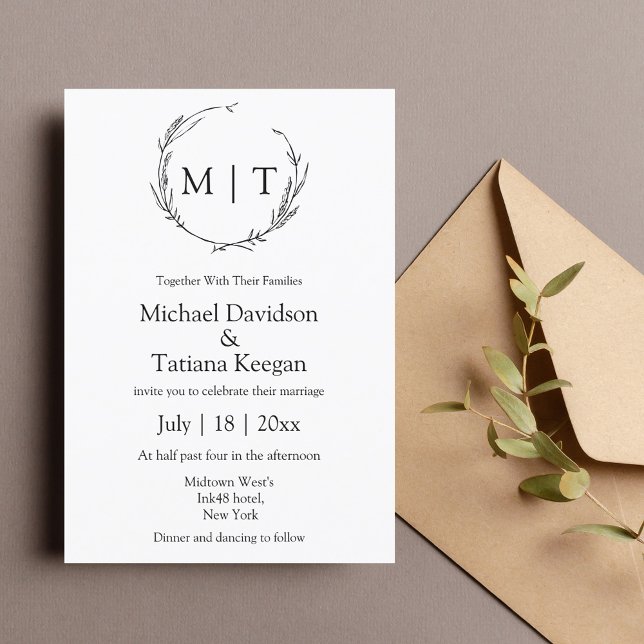minimalist monogram wedding black and white invitation (Creator Uploaded)