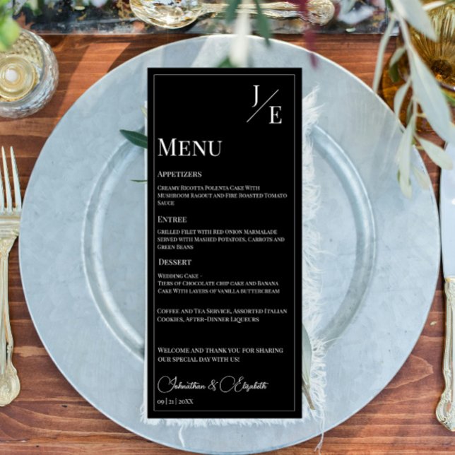 Minimalist Monogram Wedding | Black Menu (Black Minimalist Monogram Wedding Menu)